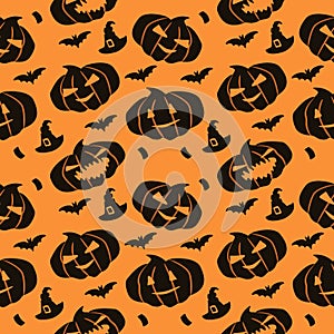 Halloween seamless pattern with pumpkins and bats on orange background